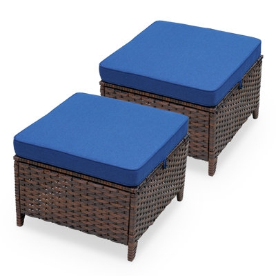 Patio Ottoman Round Rattan Woven Blue Cushion Set of 2 Deck Seating