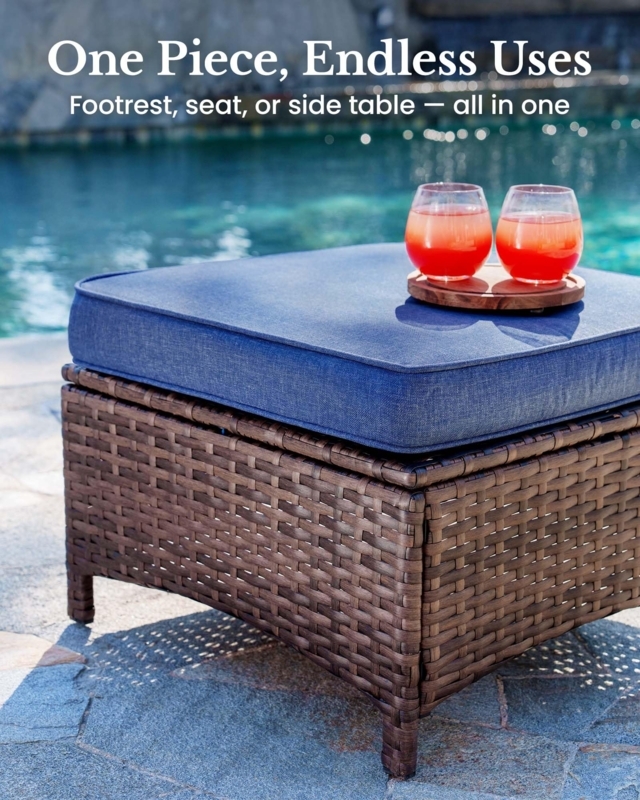 Patio Ottoman Set Navy Blue Wicker White Piping Coastal Seating