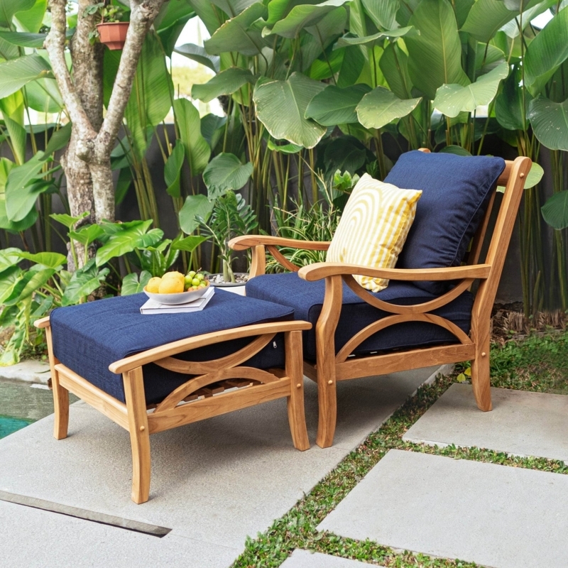 Patio Ottoman with Navy Cushion and White Contrast Piping Detail