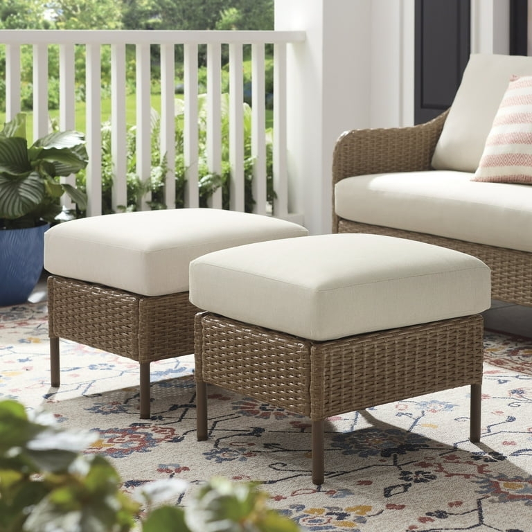 Patio Ottoman Woven Rattan Light Grey Cushion Set Woven Footstool