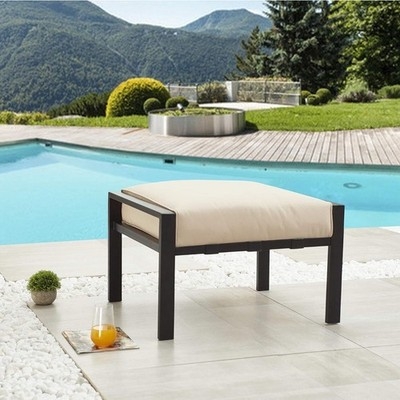Patio Ottoman X Frame Base Beige Fabric Cushion Metal Rectangular