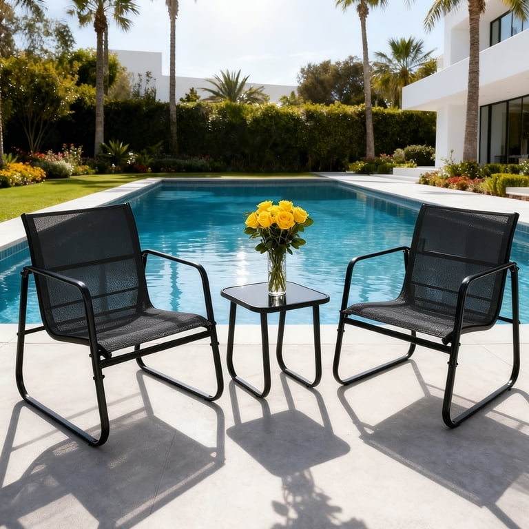 Patio Rocking Set: Textilene Mesh Rockers with Glass Top Table