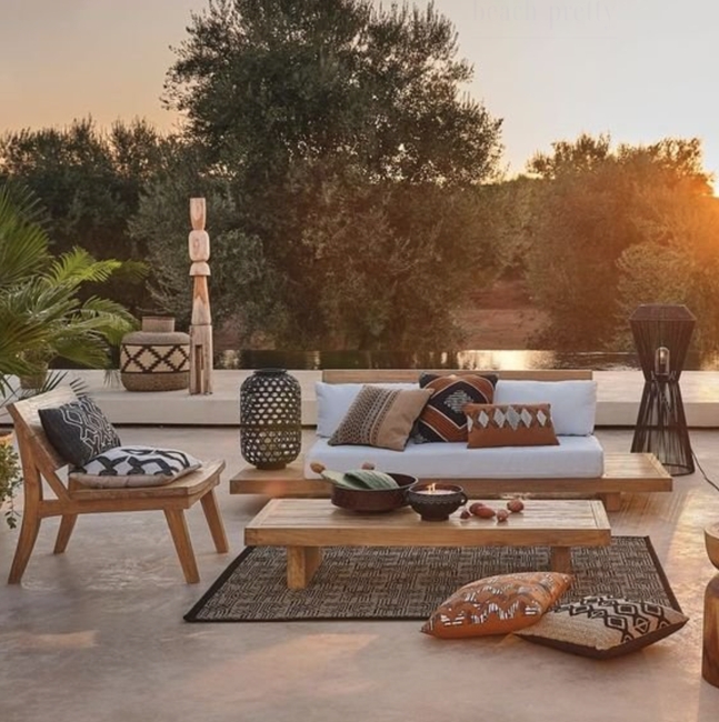 Patio Scene with Layered Rugs, Bohemian Patio Floor Seating