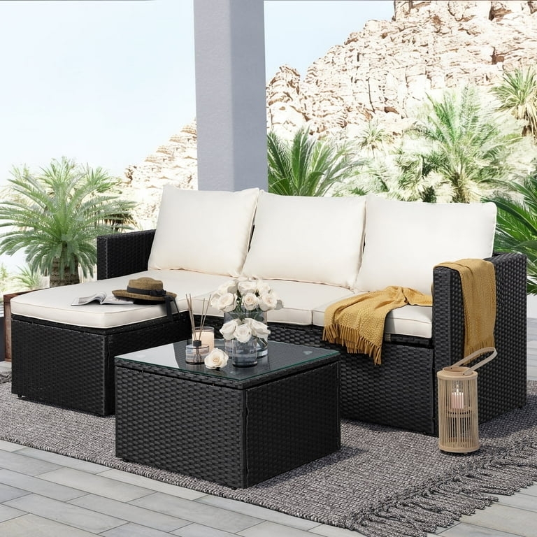 Patio Seating Group Black Rattan L-Shaped with Glass Top Table