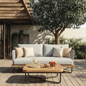 Patio Seating Group Boxy Wood Frame Slatted Tabletop Gray Cushions