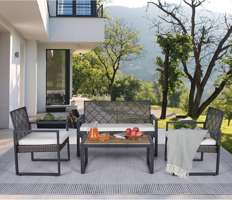Patio Seating Group Brown Metal Frame Slatted Table Beige Cushions Small
