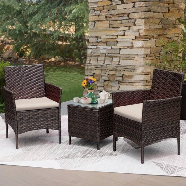 Patio Seating Group Brown Wicker 3 Piece Glass Top Table Small Space
