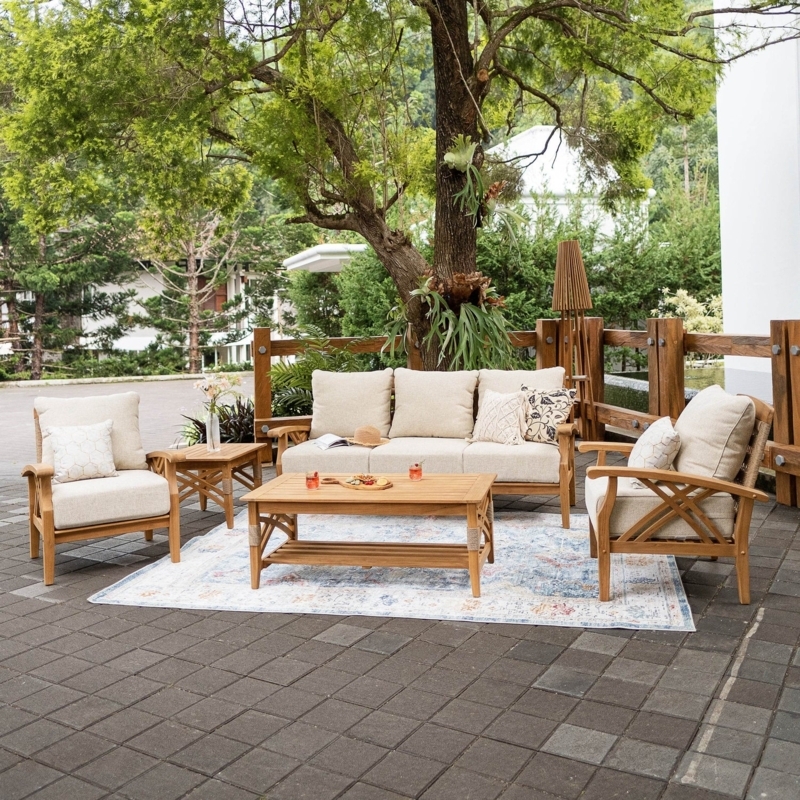 Patio Seating Group Coordinated Ottomans Teak Like Wood Tan Lounge Set