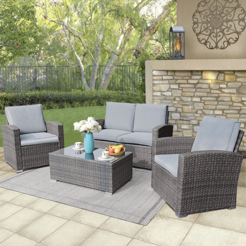 Patio Seating Group Espresso Wicker Finish with Glass Top Table