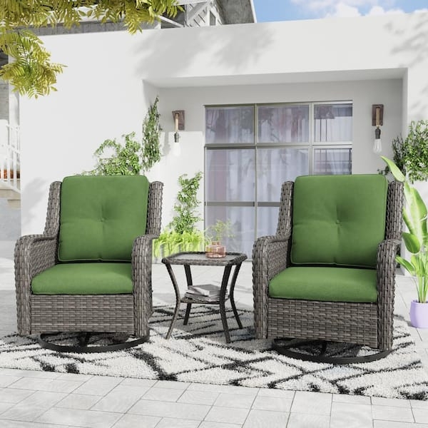 Patio Seating Group: Wicker Swivel Rocker with Green Cushions