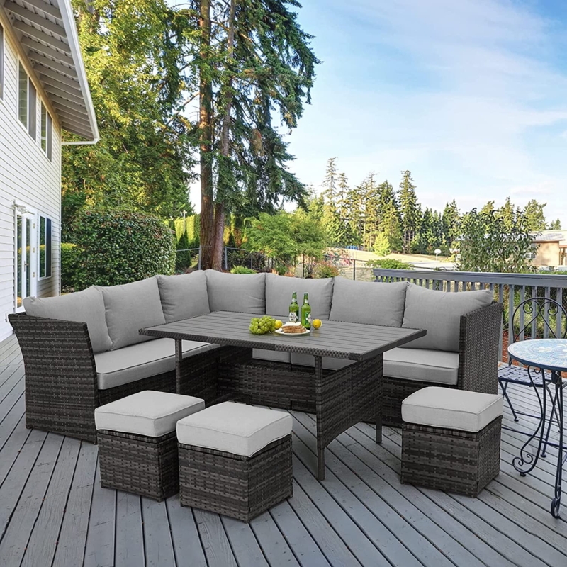 Patio Seating Set: 7-Piece Gray Wicker Sectional Sofa Dining Layout