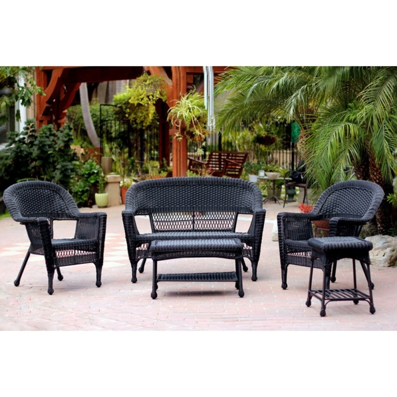 Patio Seating Set Black Wicker 5-Piece with Matching Ottomans