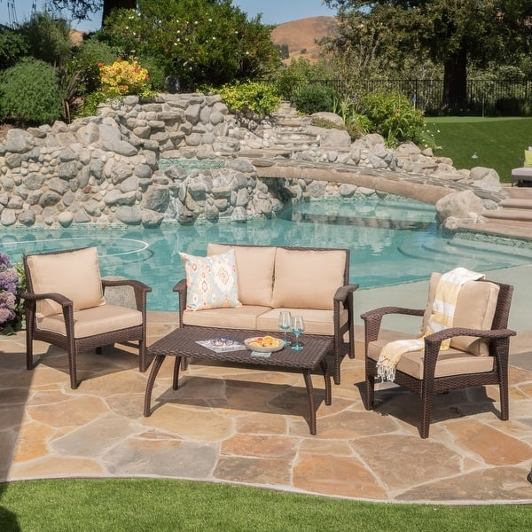 Patio Seating Set Black Wicker Glass Top Table Waterproof Cushions Small Space