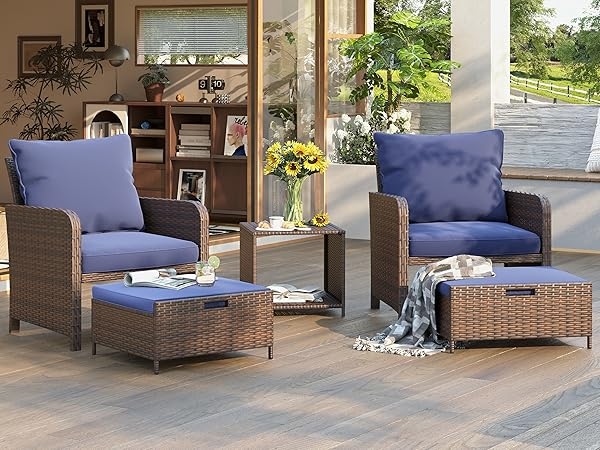 Patio Seating Set: Compact Wicker Hidden Ottoman Blue Cushions