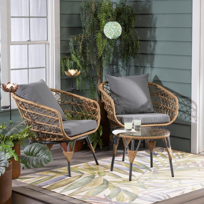 Patio Seating Set Espresso Wicker Curved Back Glass Top Chat Layout