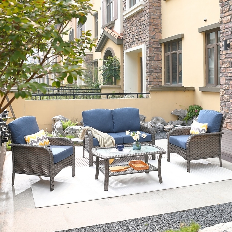 Patio Seating Set L-Shaped Wicker Sectional, Blue Cushions
