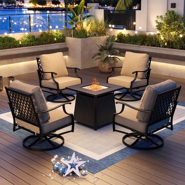 Patio Seating Set Swivel Base Black Metal Integrated Fire Pit Table