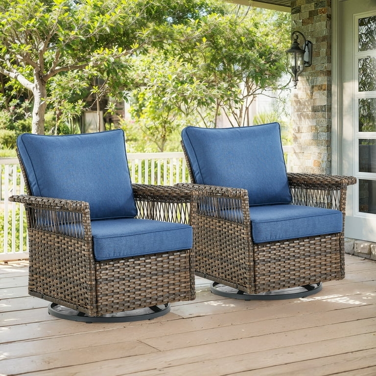 Patio Seating Set Swivel Rocker Resin Wicker Navy Blue Cushions