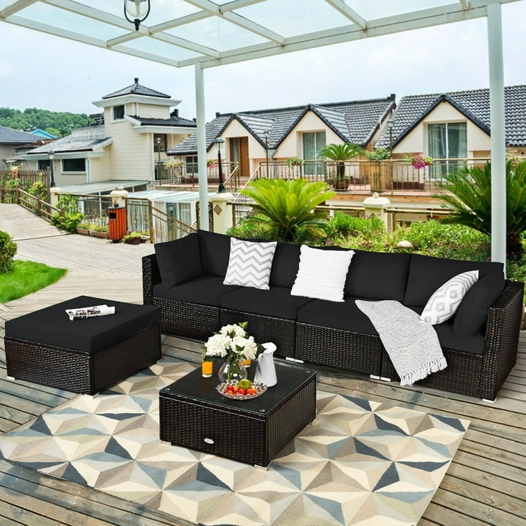 Patio Sectional: 6-Piece Modular Woven Rattan Cream Cushions