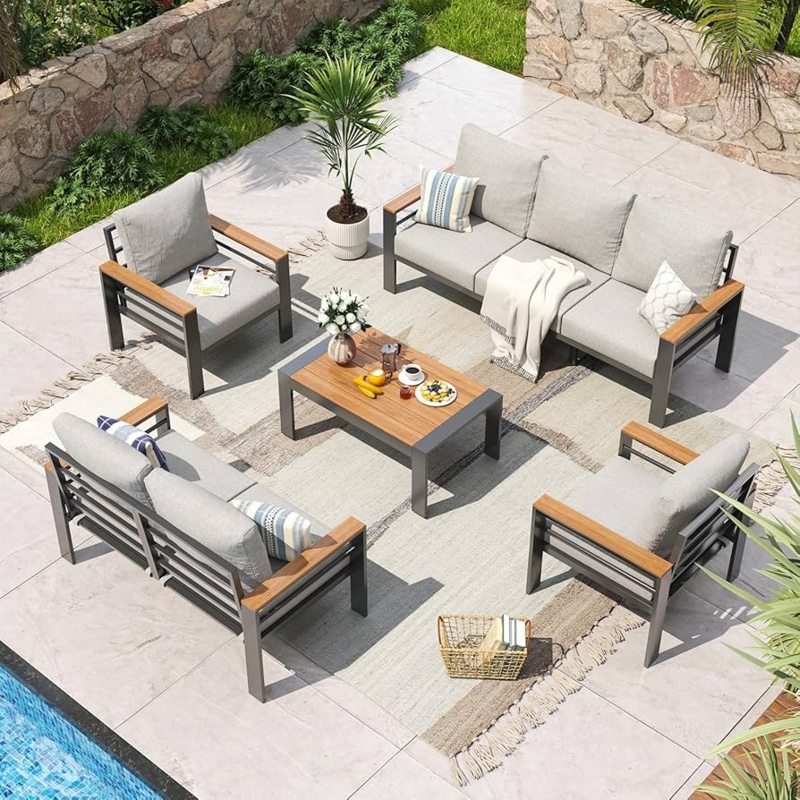 Patio Sectional Charcoal Metal Frame 7-Seat Capacity Slatted Table Modern