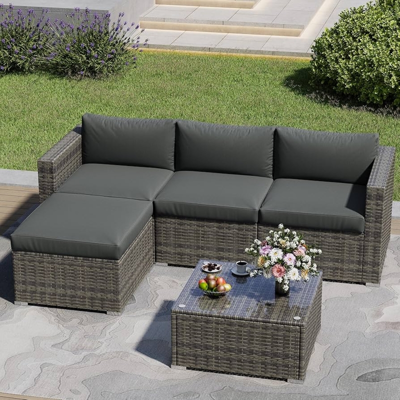 Patio Sectional Set Grey Wicker Modular L-Shaped Glass Top Layout
