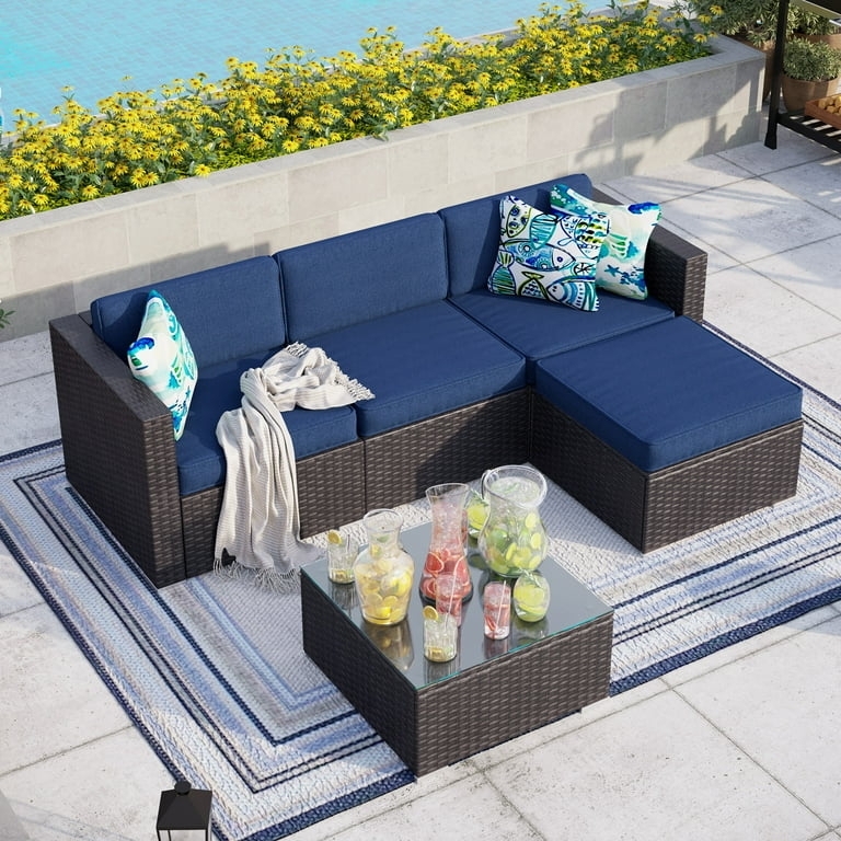 Patio Sectional Sofa Rattan with Navy Cushions and Glass Top