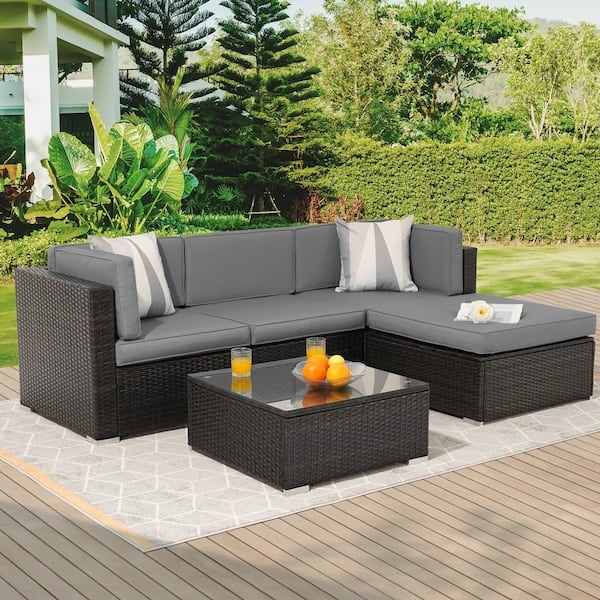 Patio Sectional Sofa Set Modular Rattan with Charcoal Gray Cushions
