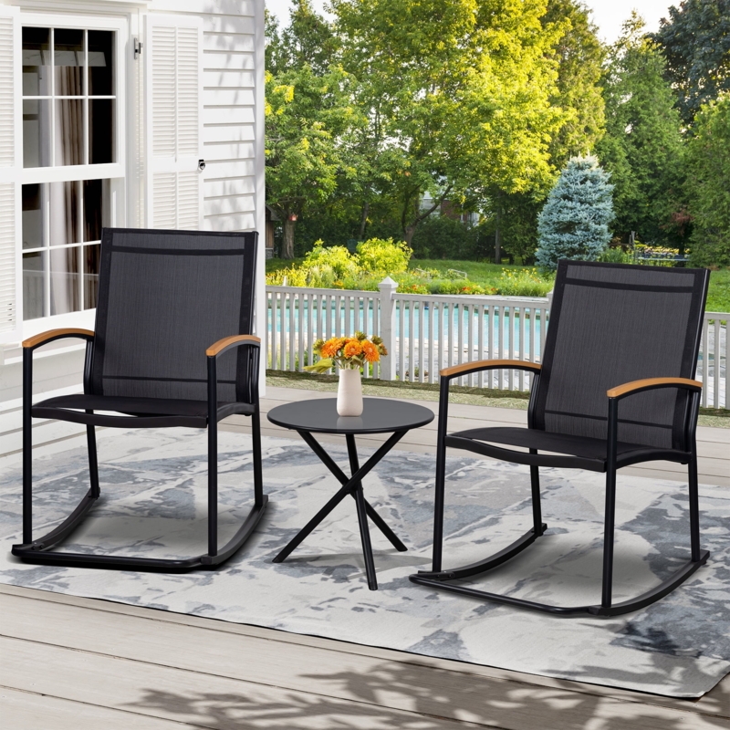 Patio Set: 3-Piece Minimalist Rocking Base Textilene Mesh Glass Top