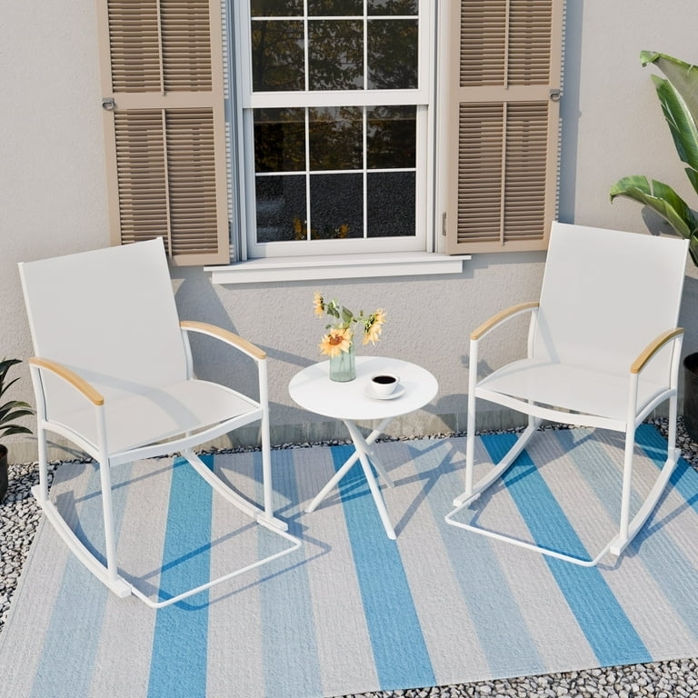 Patio Set Rocking Base White Mesh Bistro Set Glass Top Modern Style