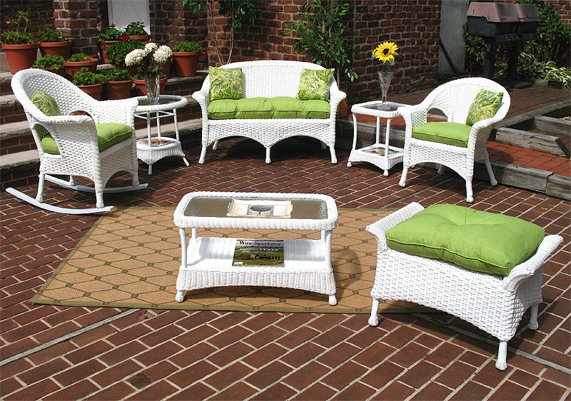 Patio Sofa Set White Wicker Finish Navy Blue Contrast Rolled Arms Coastal