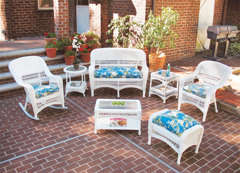 Patio Sofa White Resin Wicker Rolled Arms Neutral Cushion Set Coastal