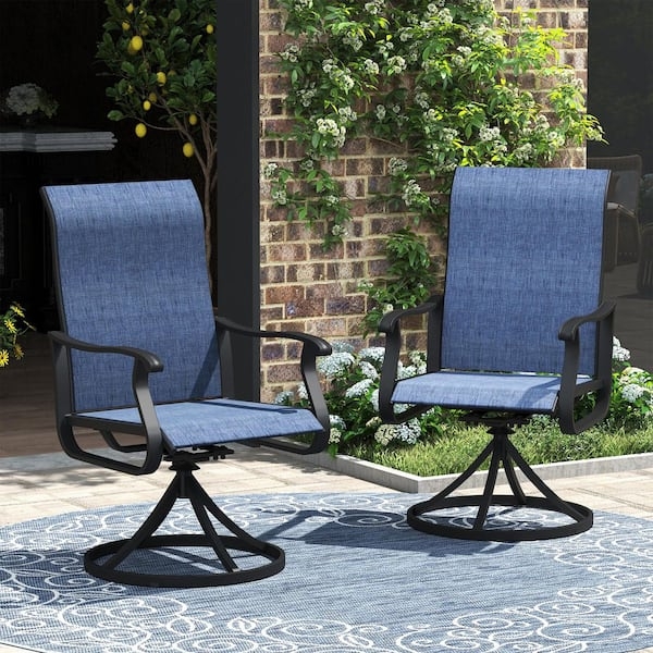 Patio Swivel Chair Pair with Navy Mesh Fabric and Circular Base
