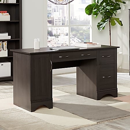 Pedestal Computer Desk Dark Gray Wood Grain 60 Inch Width