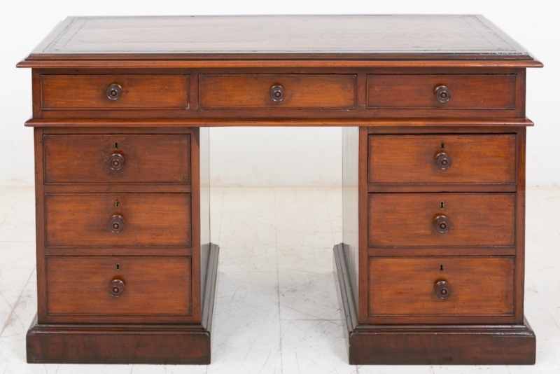 Pedestal Desk Antique Mahogany Tooled Leather Top Swan Neck Handles