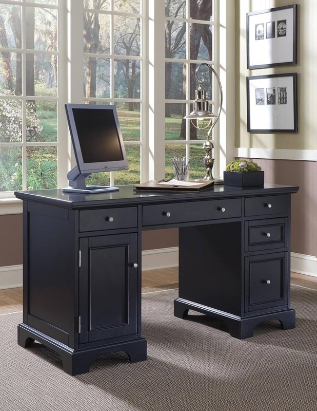 Pedestal Desk Black Finish Keyboard Tray Brushed Nickel Knobs
