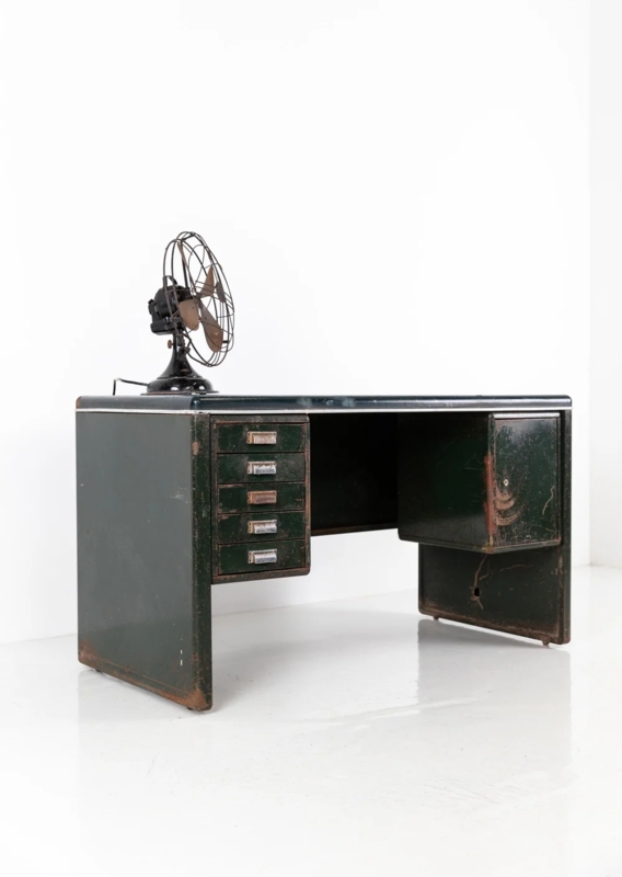 Pedestal Desk Eight Drawers Charcoal Steel Vintage Industrial Workspace