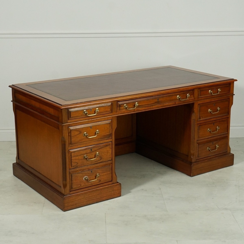 Pedestal Desk Leather-Like Surface Three-Panel Top Brass Hardware