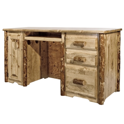 Pedestal Desk Log Cabin Style Plank Top Honey Brown Lodge