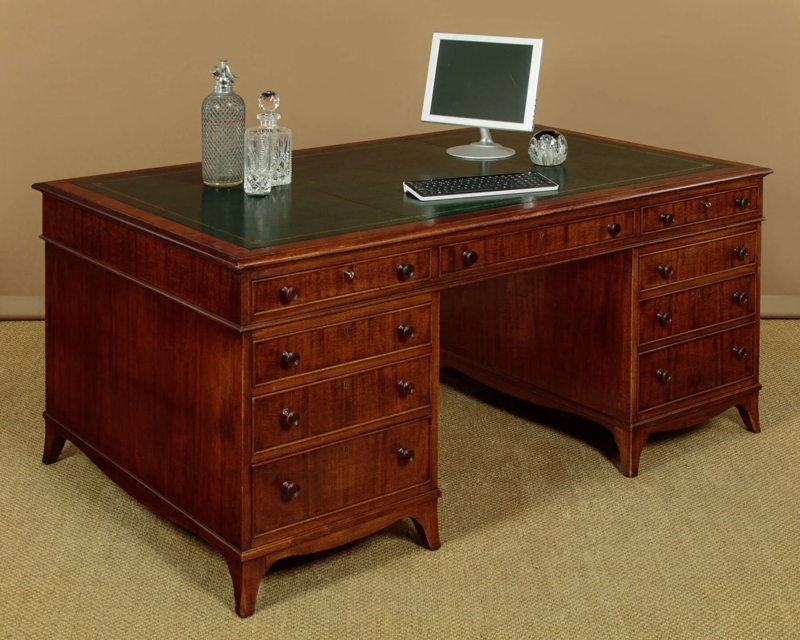 Pedestal Desk Mahogany Three-Panel Inlay Traditional Home Office