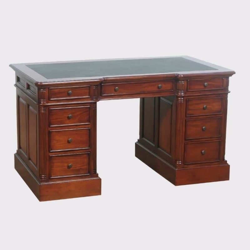 Pedestal Desk Paneled Sides Green Inlay Traditional Mahogany