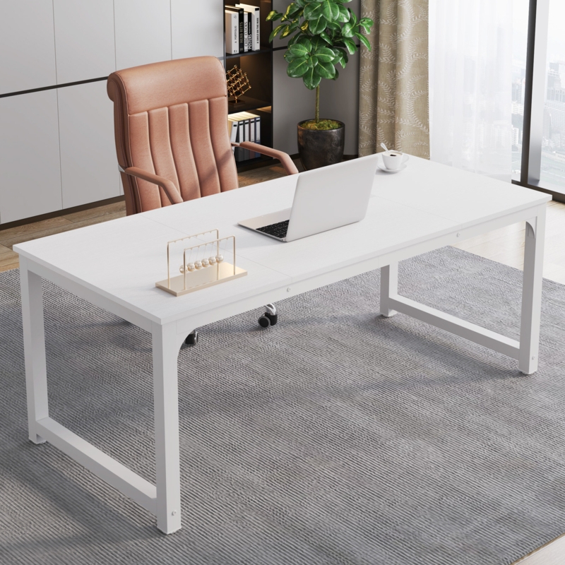 Pedestal Desk Thick Tabletop Blocky Legs Minimalist White Workspace