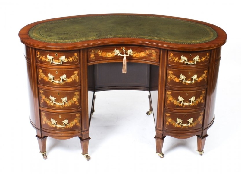 Pedestal Desk Twin Design Bracket Feet Gold Tooled Green Top