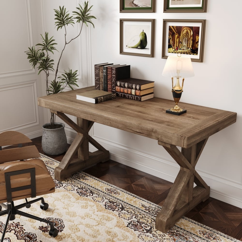 Pine Wood Trestle Desk with X-Frame Legs and Stretcher