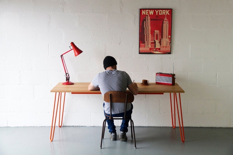 Plywood Edge Writing Desk, Layered Wood Top, Hairpin Legs