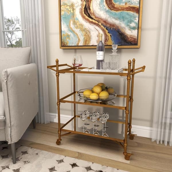 Polished Brass Bar Cart with Circular Frame and Rolling Casters