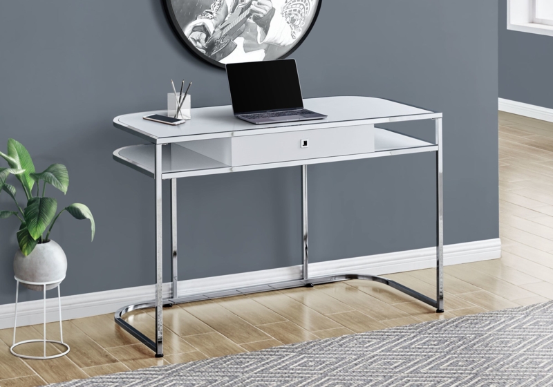 Polished Chrome Writing Desk with Unique Kidney Shaped White Top