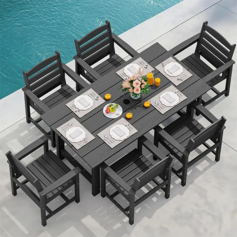 Poly Lumber Outdoor Dining Set: 7-Piece Charcoal HDPE Slatted Table