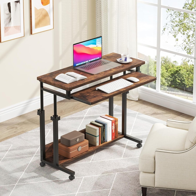 Portable Desk Portable On Wheels Keyboard Tray Tiered Shelves