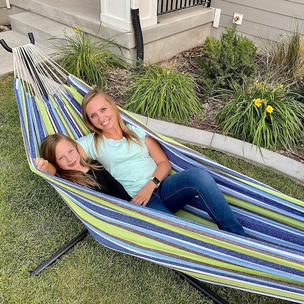 Portable Hammock Stand Green Blue Stripes Pillow Space Saving Garden