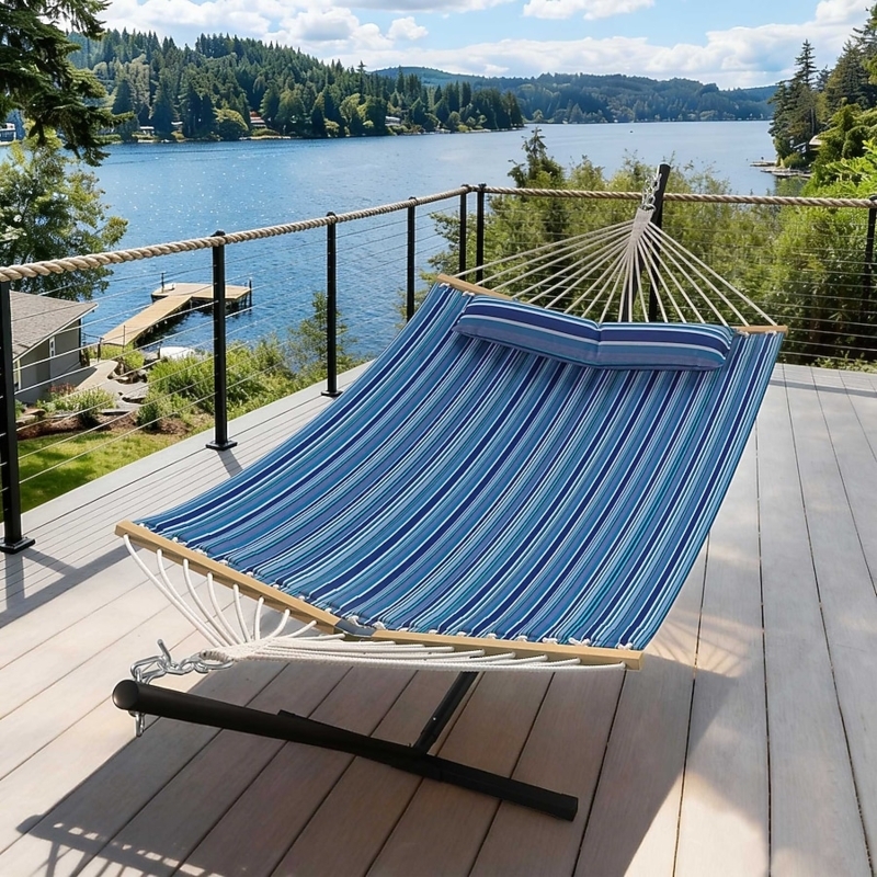 Portable Hammock Stand with Blue Striped Fabric and Spreader Bars
